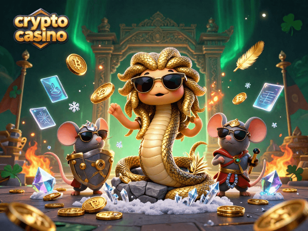 Engage with the vibrant crypto casino scene led by Medusa, featuring Bitcoin coins and action-packed elements.