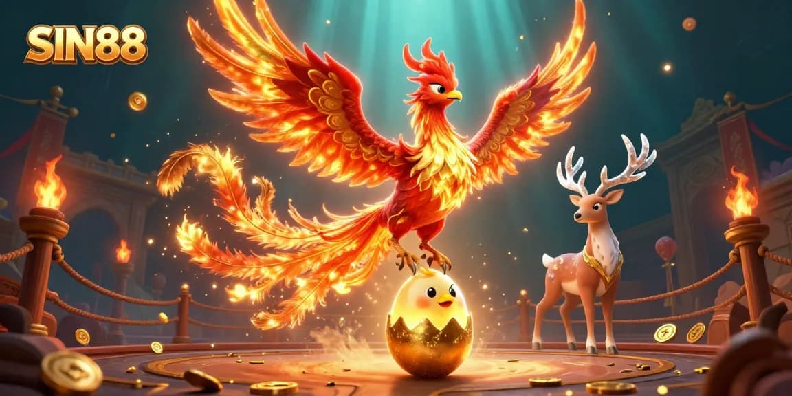 SIN88 ignites excitement with a vibrant fire phoenix scene illustrating thrilling gambling action.