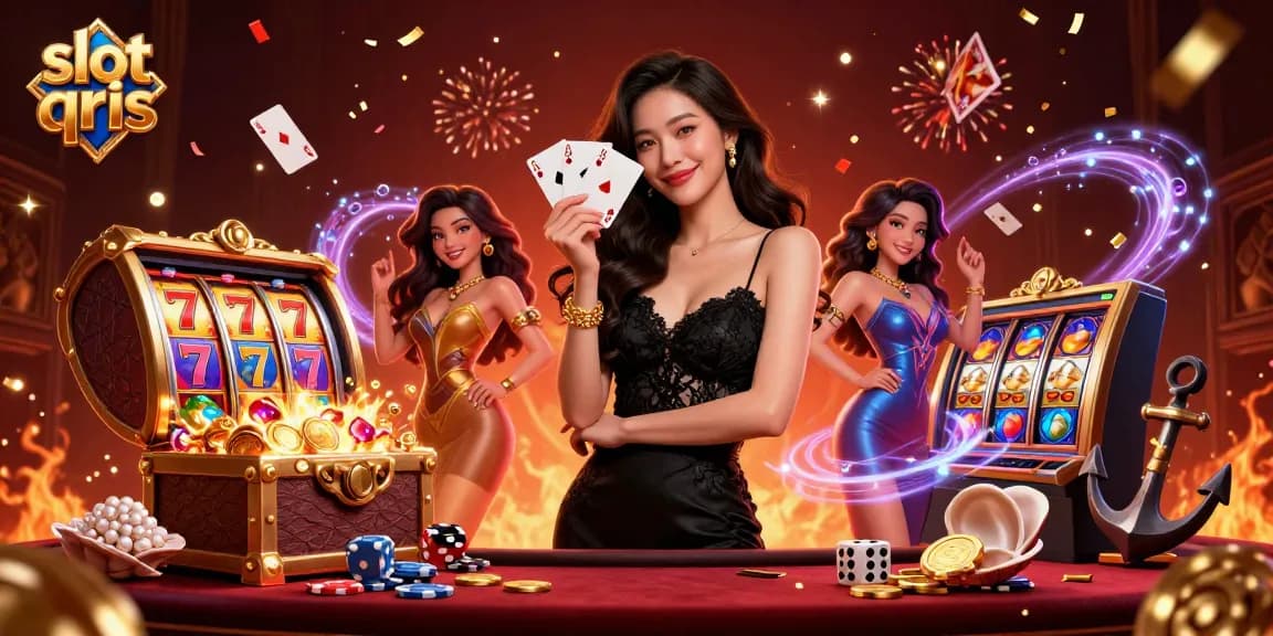 Experience thrilling gameplay with slot qris, as elegant characters celebrate wins in a vibrant 3D casino.