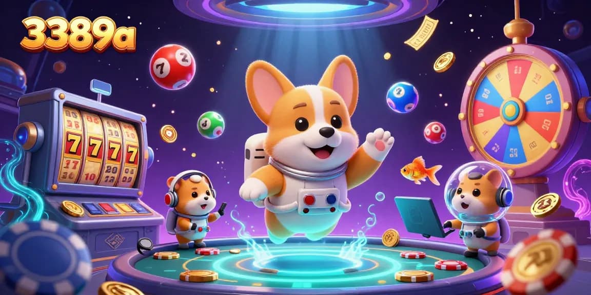 Engage with the lively scene at 3389a featuring a floating casino adventure amidst colorful gambling elements.