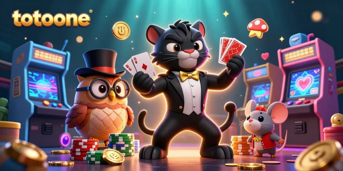 totoone menghadirkan karakter lucu bermain poker dengan kepingan chip di latar belakang permainan kasino