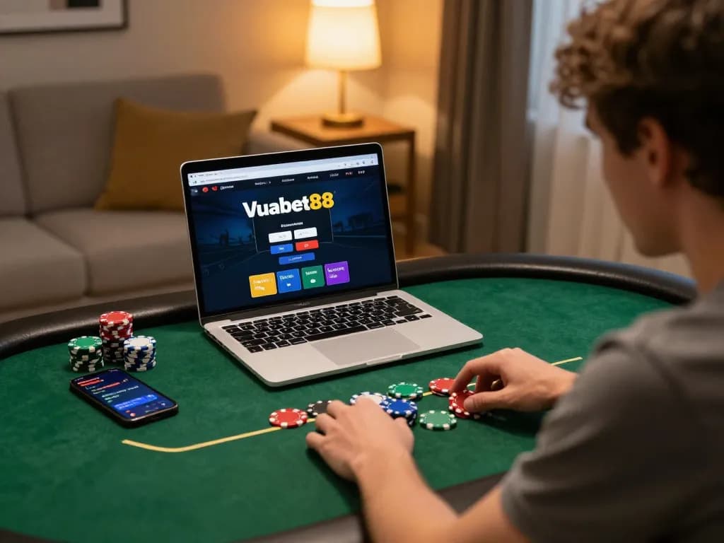 Engaged player strategizing on Vuabet88 poker in a cozy home setting