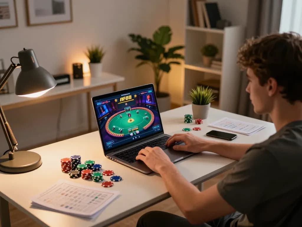 Engaging in af88 game on a laptop with vibrant poker graphics and a cozy home setup.