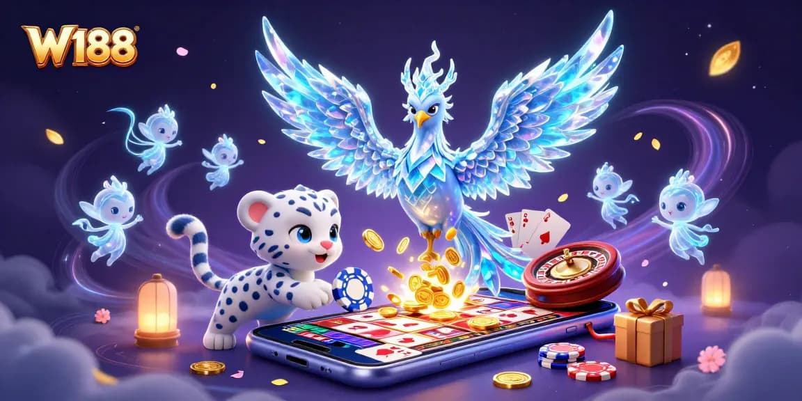 Engage in thrilling gaming at W188 with a vibrant 3D illustration featuring dynamic characters and casino elements.
