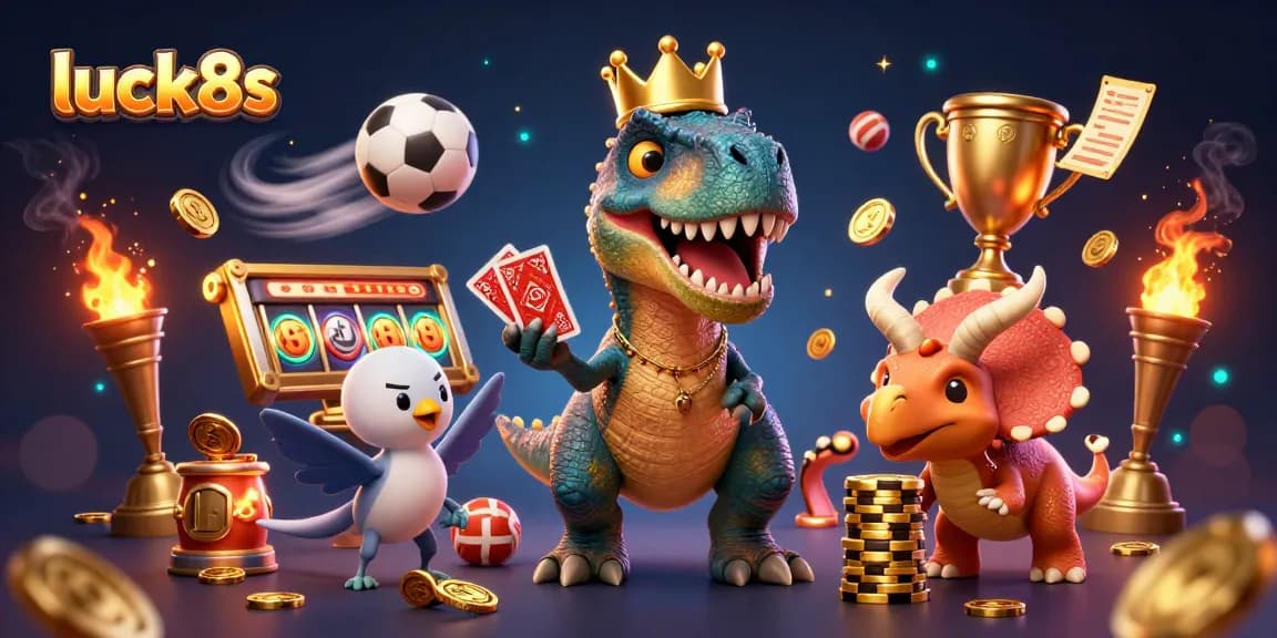 Engage with thrilling gaming at luck8s where a T-Rex shuffles cards amid dynamic sports elements and casino vibes.