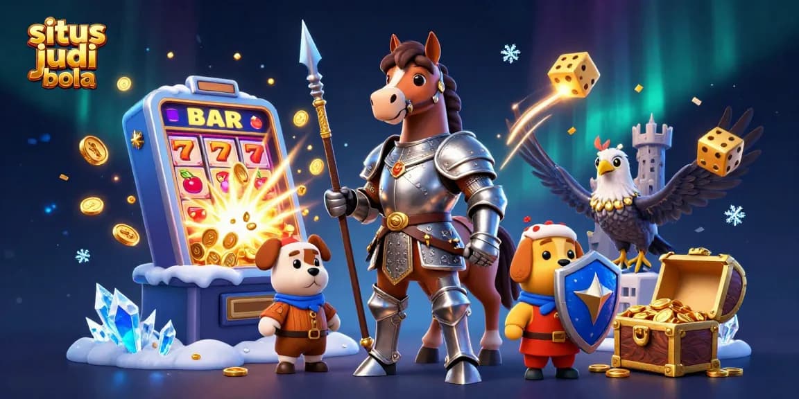 Experience situs judi bola excitement with vibrant slot machine, medieval knight, and festive casino symbols.