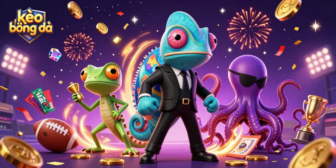 Betting on kèo bóng đá with an exciting illustration featuring a chameleon, gecko, and octopus in action.