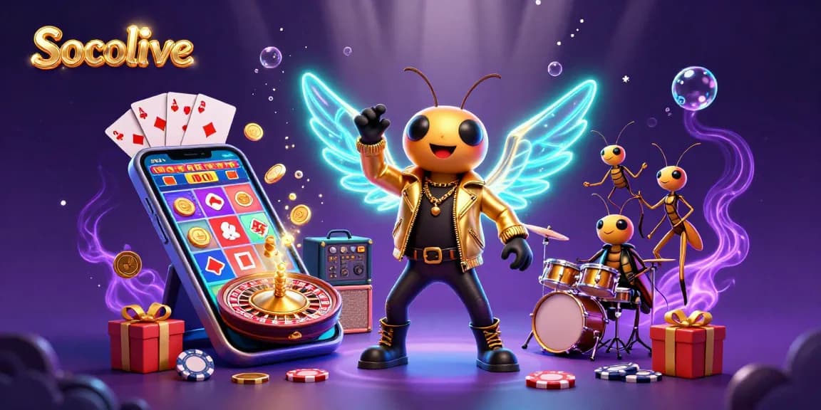 Socolive brings entertainment alive with dynamic casino fun featuring a rock star and vibrant game elements.