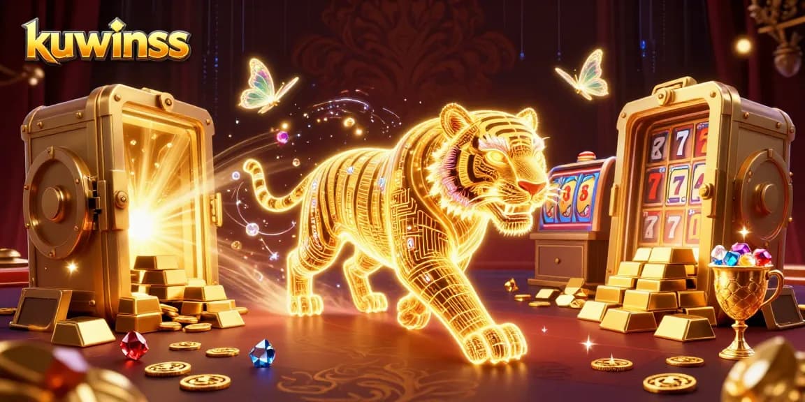 Kuwinss features a neon-wireframe tiger in a vibrant digital casino, surrounded by treasures and game symbols.