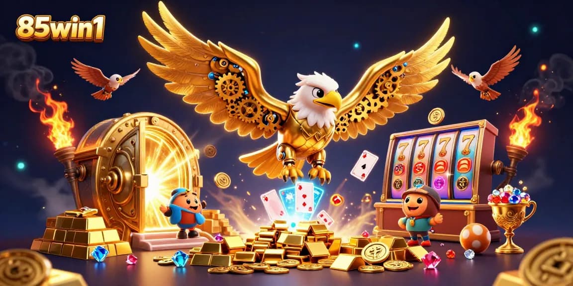 Experience thrilling wins at 85win1 with a dynamic 3D scene of golden treasures and gaming excitement.
