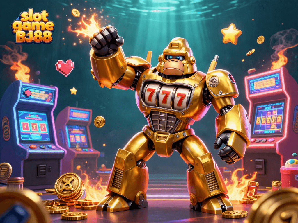 Experience the excitement of the slot game BJ88 with vibrant 3D elements and a dynamic golden gorilla mech.