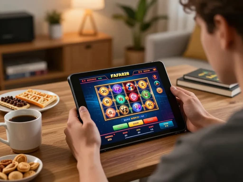 Player engaging with FAFA828 on tablet, enjoying online casino gaming in a cozy home environment.