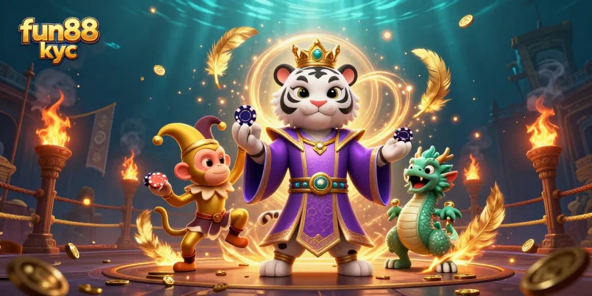 Hòa mình vào thế giới FUN88 KYC với vương giả, một chú hổ trắng và rồng ngọc đầy màu sắc.