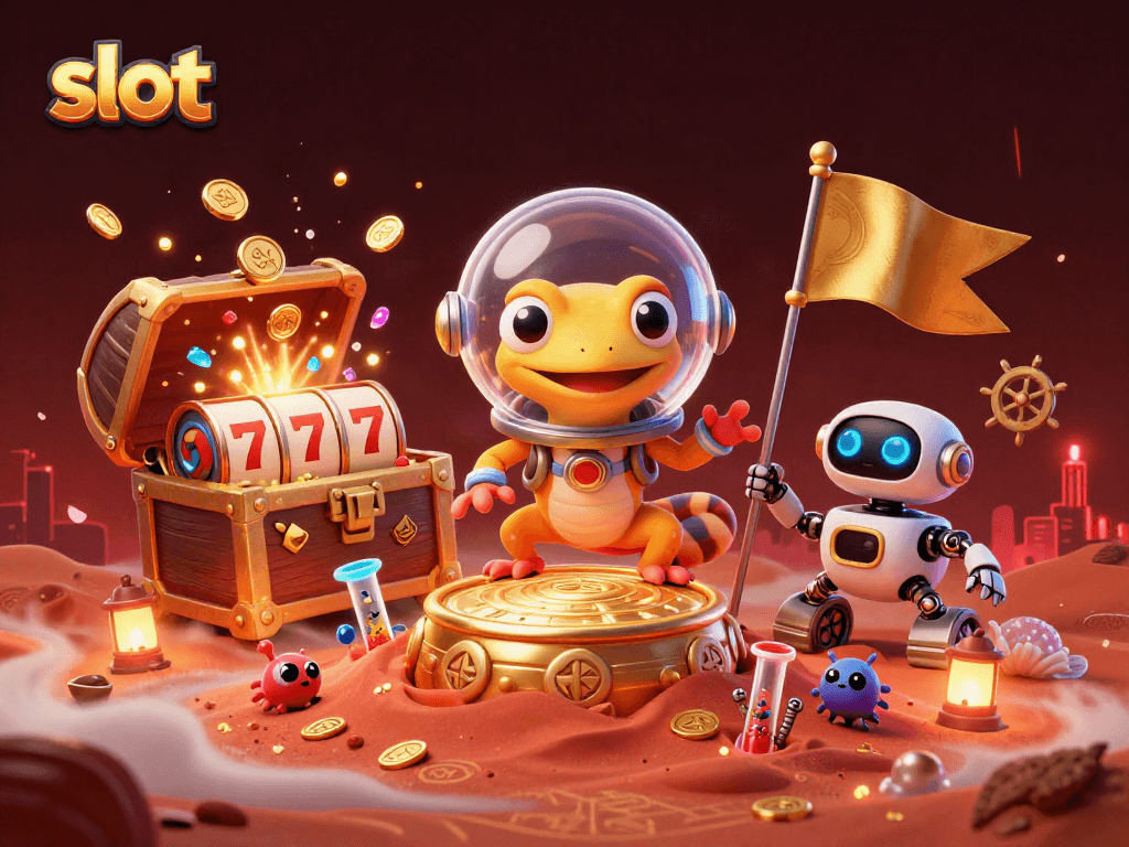 Slot-themed 3D illustration of a Martian gecko discovering a golden casino with lively details.