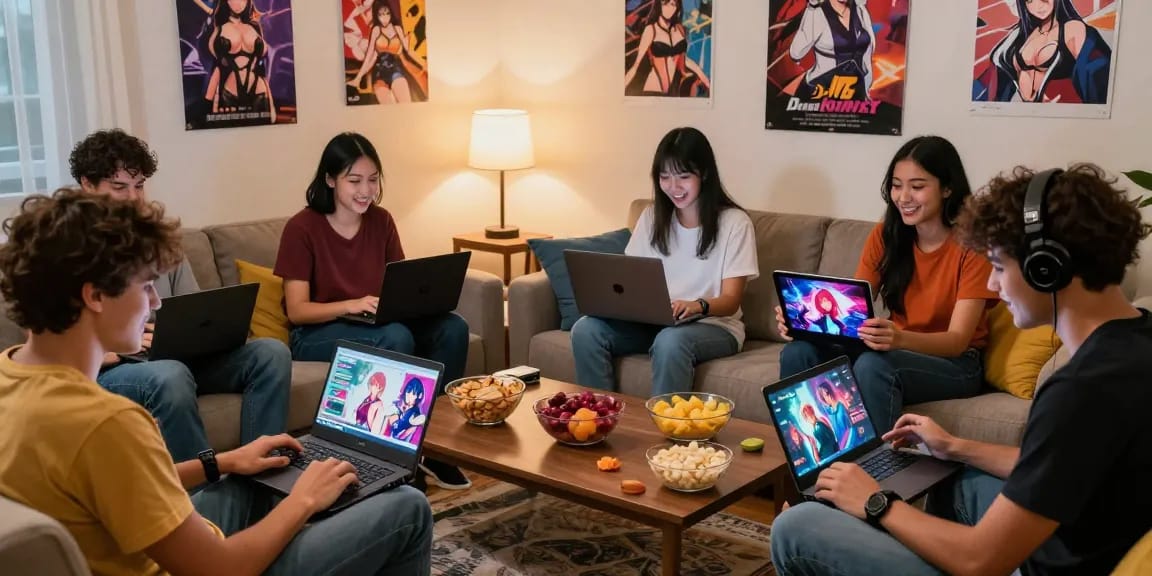 Friends enjoying a fun evening exploring popular hentai games on various devices in a cozy living room.
