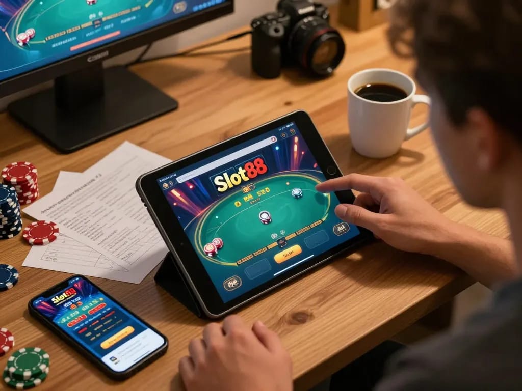 Engaging scene of Slot88 online gaming setup with strategic notes and poker chips.