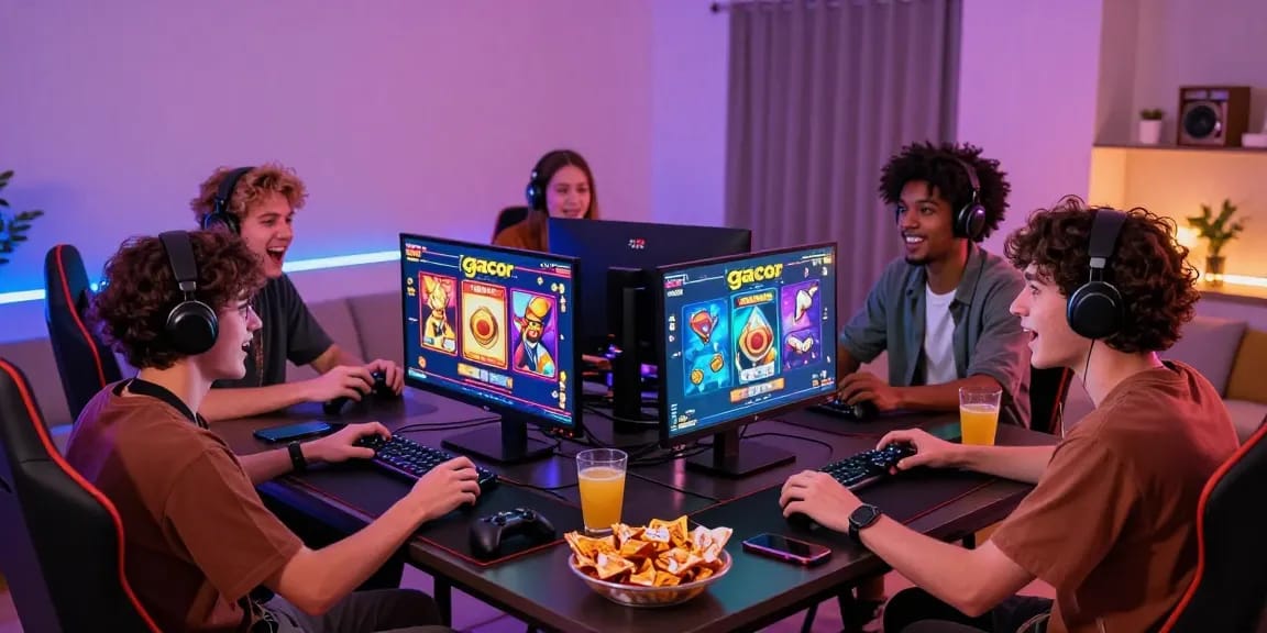 Group of friends playing slot gacor games in a vibrant gaming hub.