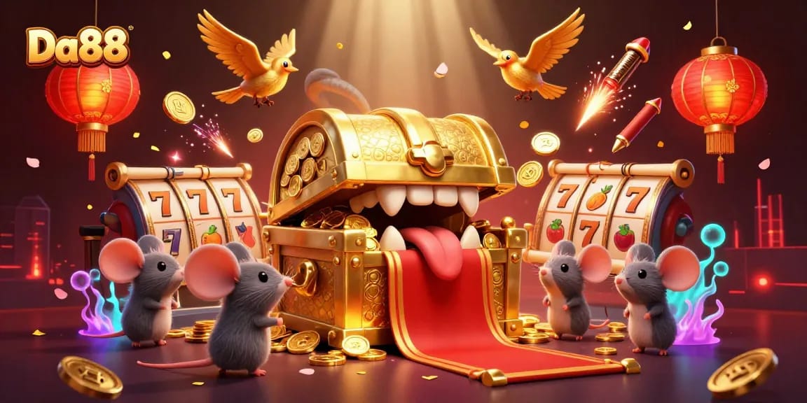 Engage with Da88 as adventurer mice are lured by a golden treasure chest amid vibrant casino elements.