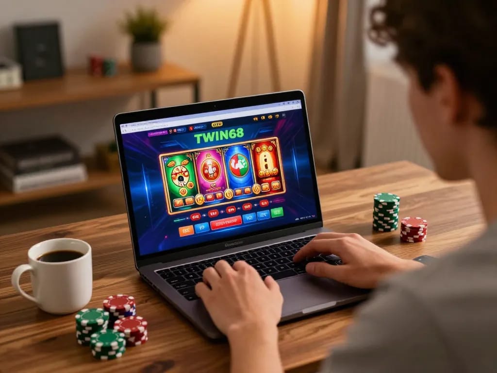 TWIN68 user engaged in online poker gameplay on laptop with vibrant casino graphics in a cozy home setting.