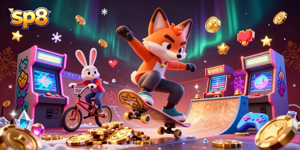 Engage in thrilling gameplay with sp8, featuring a fox and rabbit immersed in a vibrant casino wonderland.