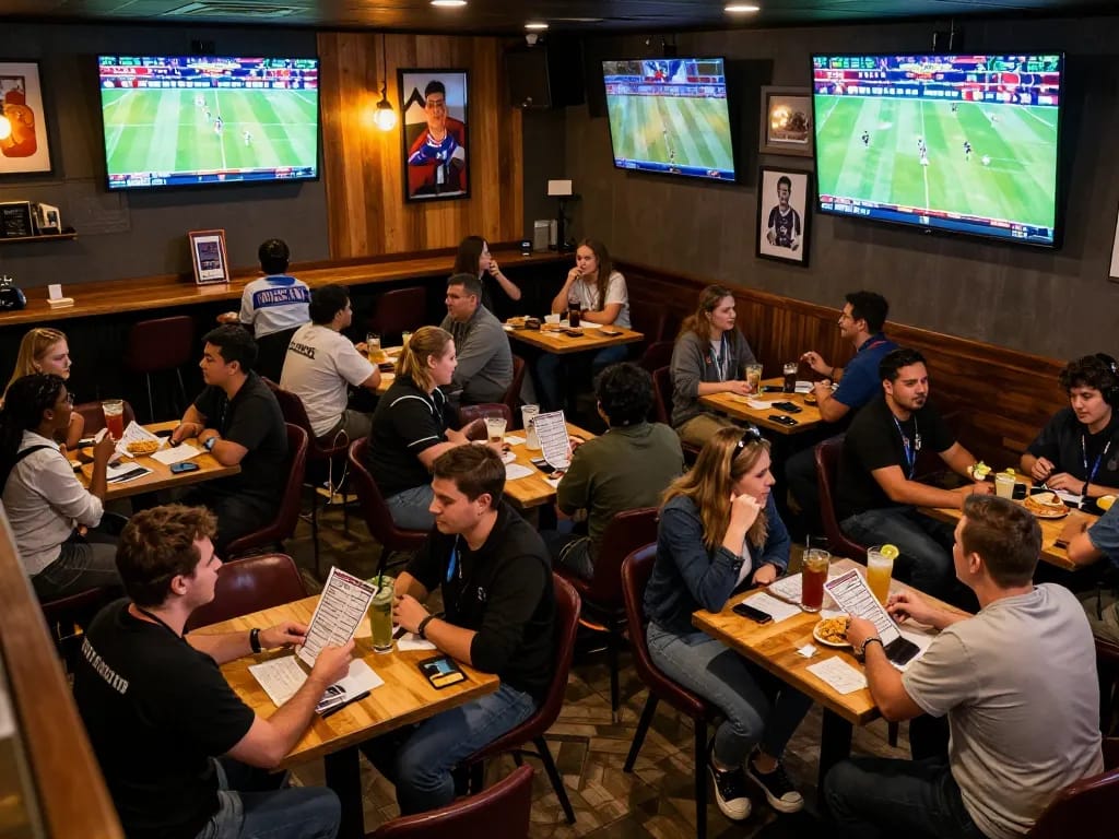 Soi kèo betting enthusiasts analyzing odds at a lively sports bar with multiple screens.