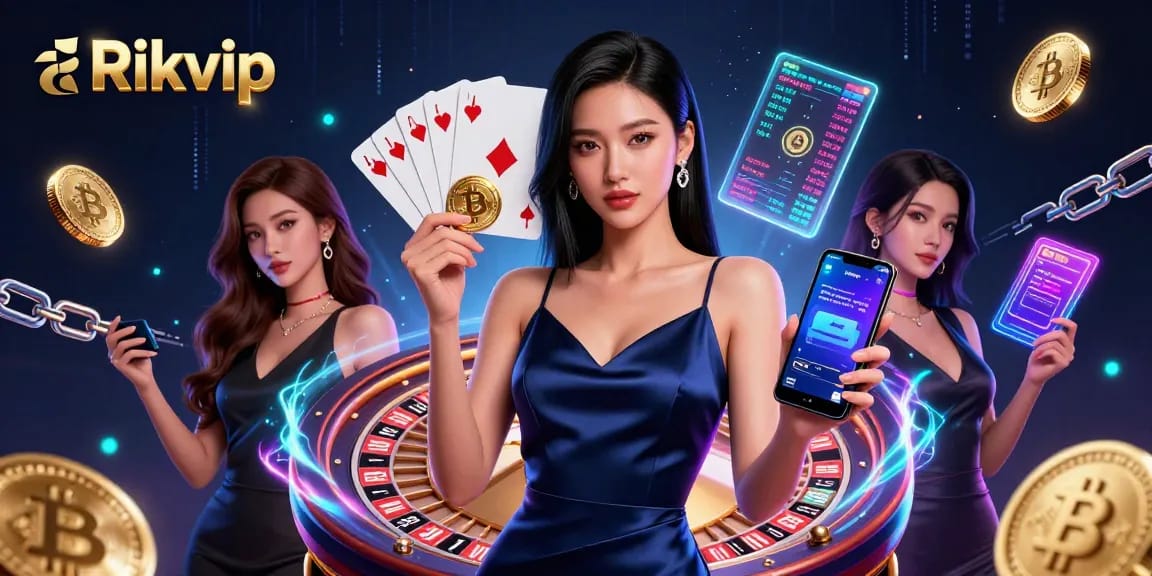Engage with Rikvip's electrifying casino experience featuring a confident woman among vibrant gaming elements.