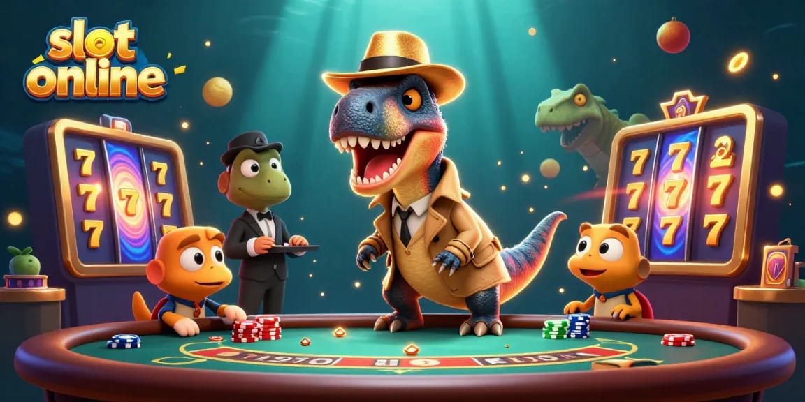Engaging scene of a velociraptor counting cards at a blackjack table, showcasing slot online elements in a vibrant casino atmosphere.