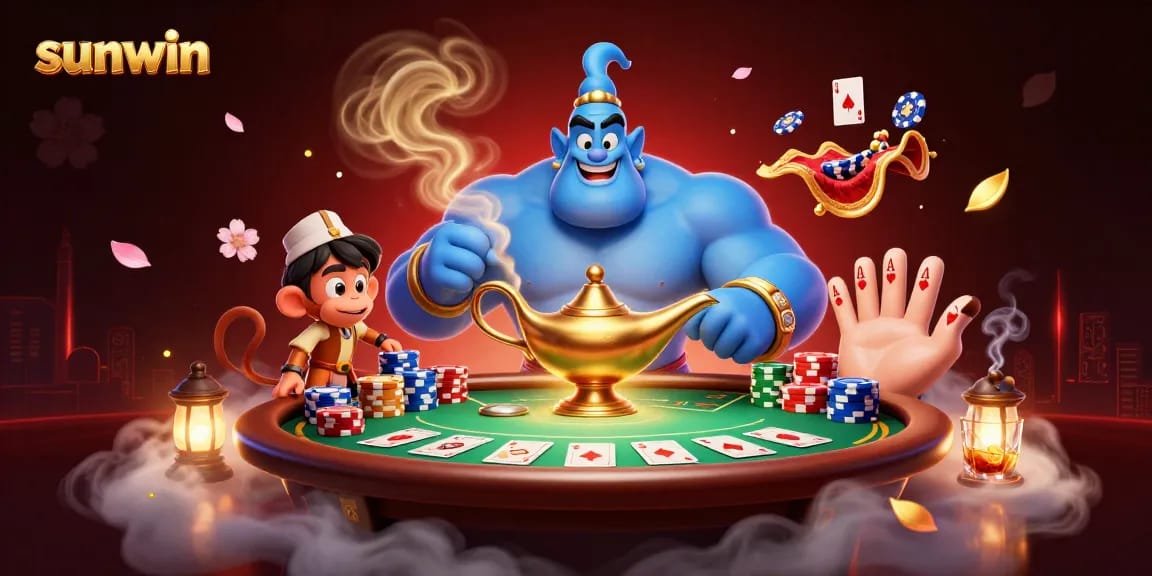 Experience thrilling poker action at sunwin with a powerful genie and magical casino elements.
