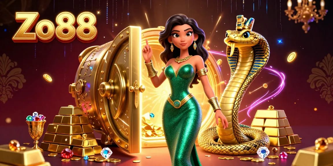 Engage in thrilling gaming with Zo88 as you explore a vibrant, treasure-filled casino scene.