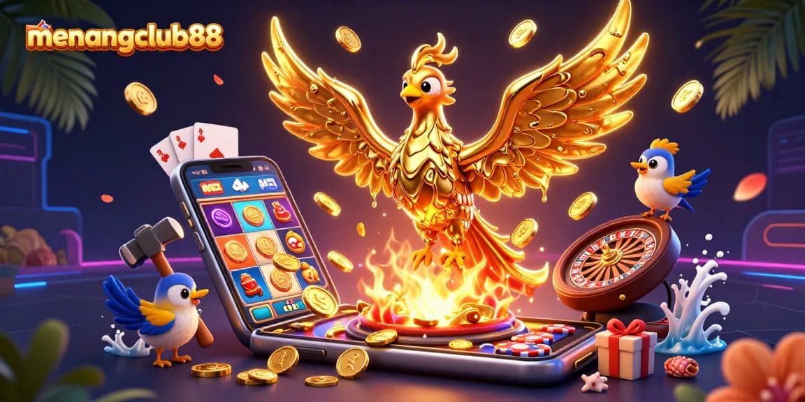 Play at menangclub88 and witness a molten phoenix dispensing gold coins in a thrilling casino adventure.