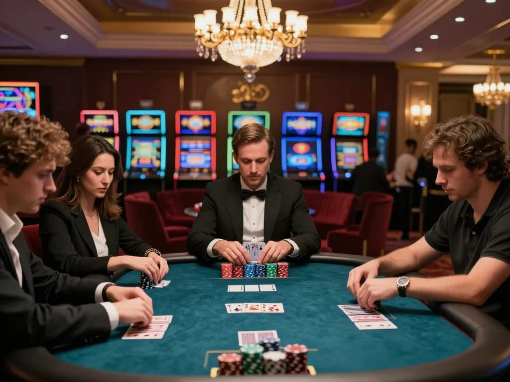 HITCLUB poker players strategizing amidst luxurious casino environment.