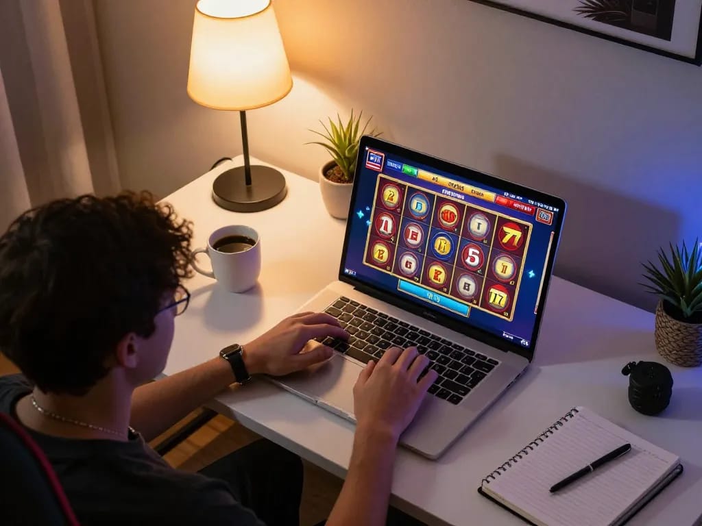 Sit at home playing situs slot on a laptop, showcasing potential winning spins and cozy decor.