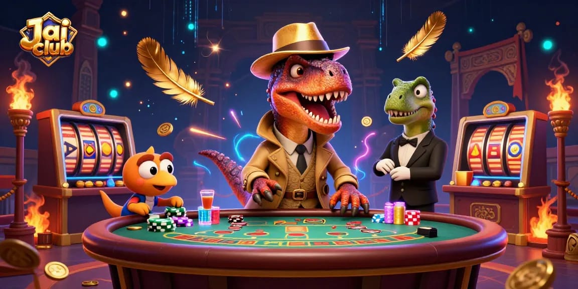 Engage in thrilling slot games on Jai club with cartoon dinosaurs at a blackjack table.