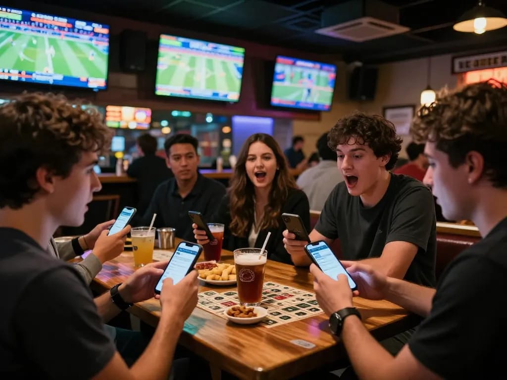 LIGA2000 sports betting experience with patrons excitedly engaging with live games.