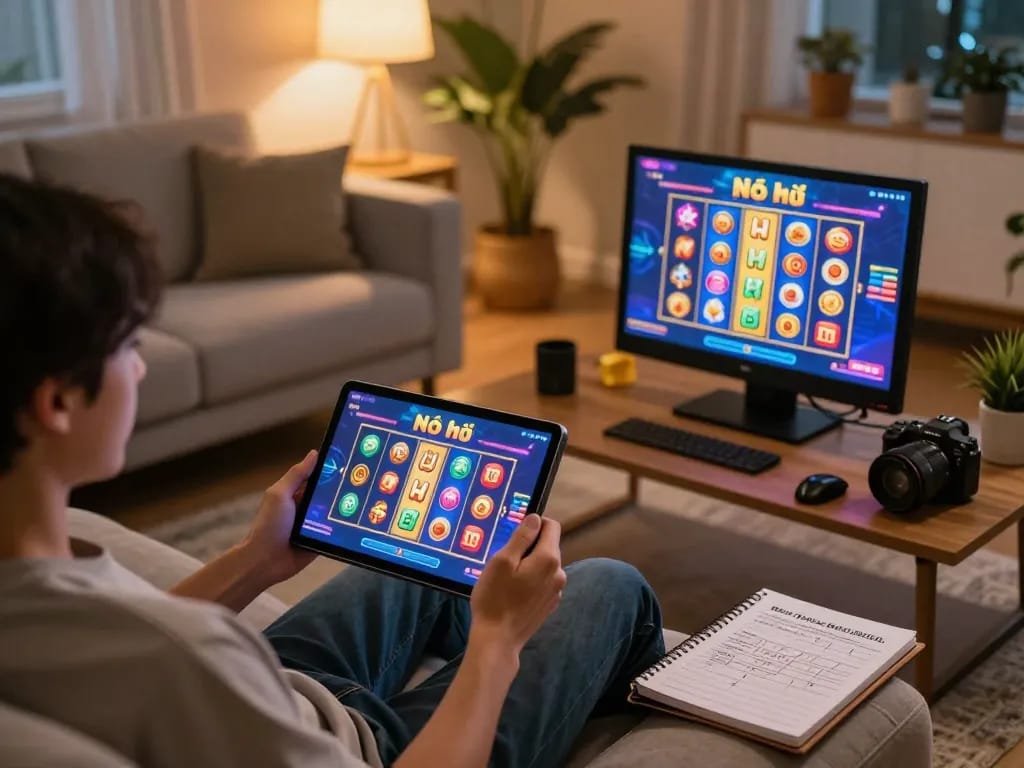 Nổ hũ slot game displayed on tablet in a cozy online gaming home setting