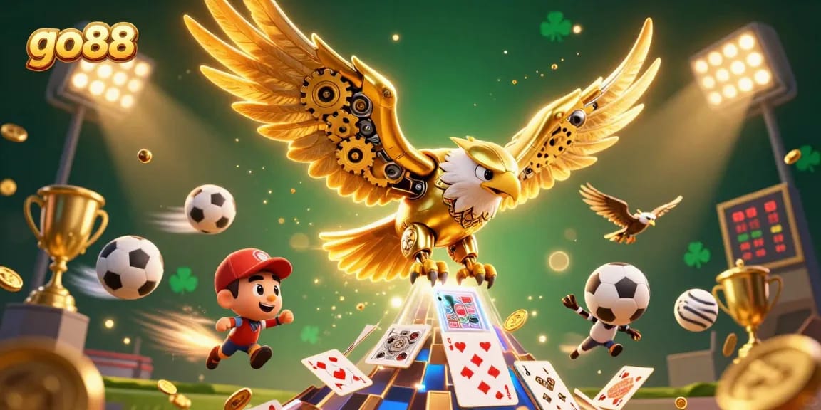 Experience the thrill of go88 with a cybernetic eagle navigating a holographic card cascade.