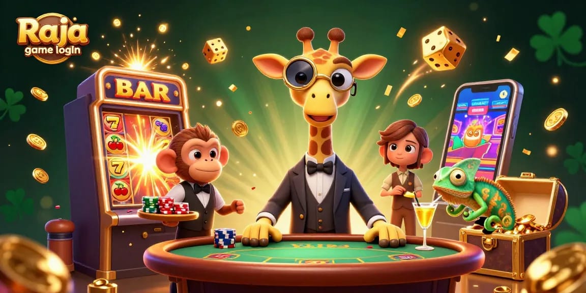 Experience Raja game login with a vibrant 3D casino scene featuring a high-roller giraffe, monkey valet, and chameleon bartender.