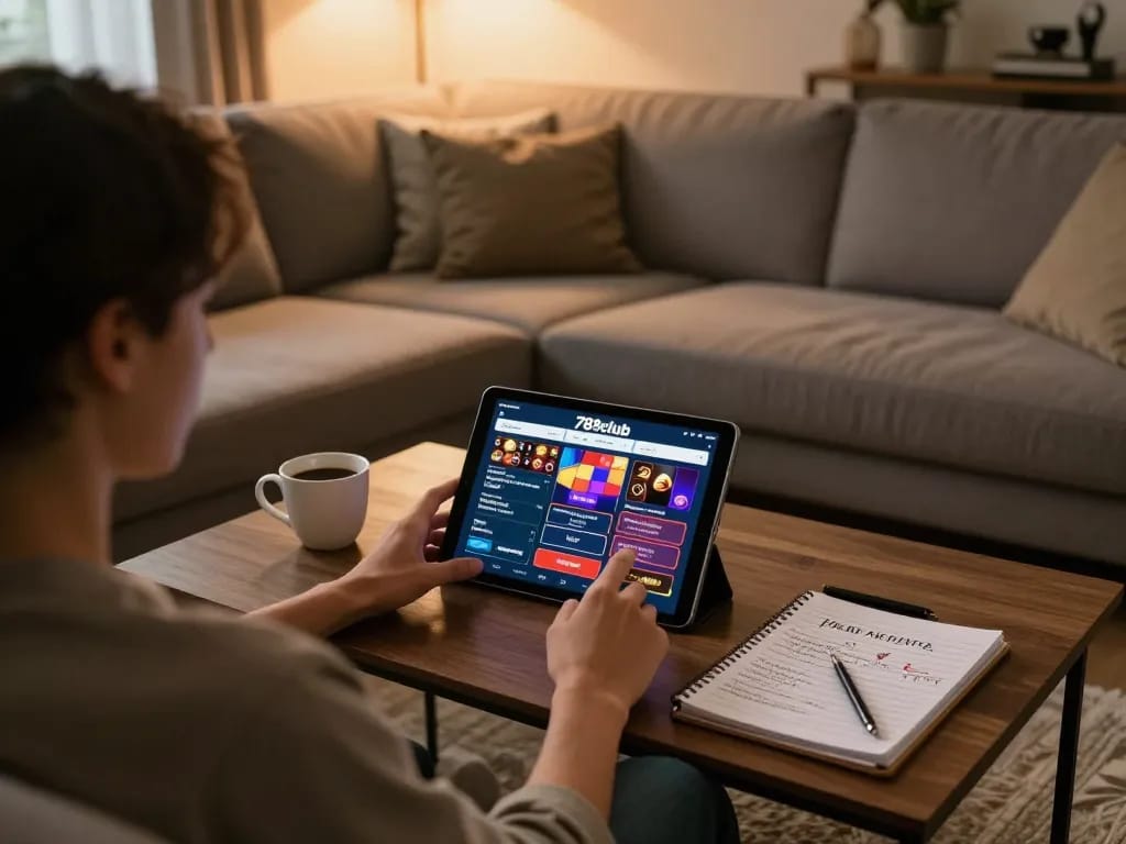Tham gia ứng dụng casino 789club trên máy tính bảng trong một không gian ấm cúng, minh họa trải nghiệm chơi game trực tuyến.