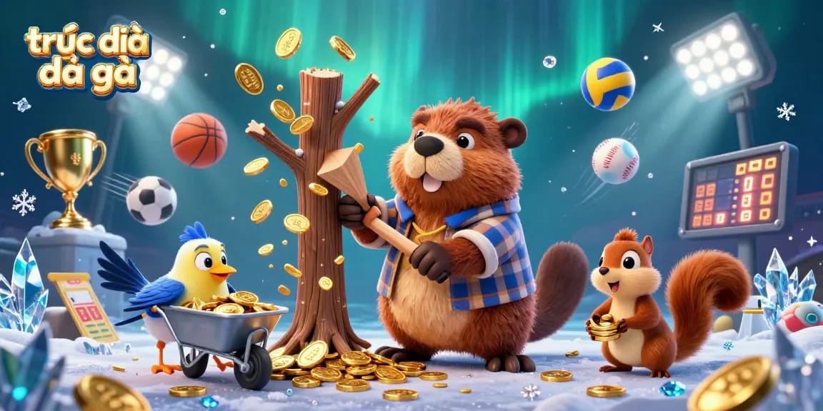 Engage in thrilling trực tiếp đá gà action as the lumberjack beaver chops a tree raining golden coins, celebrating the excitement.