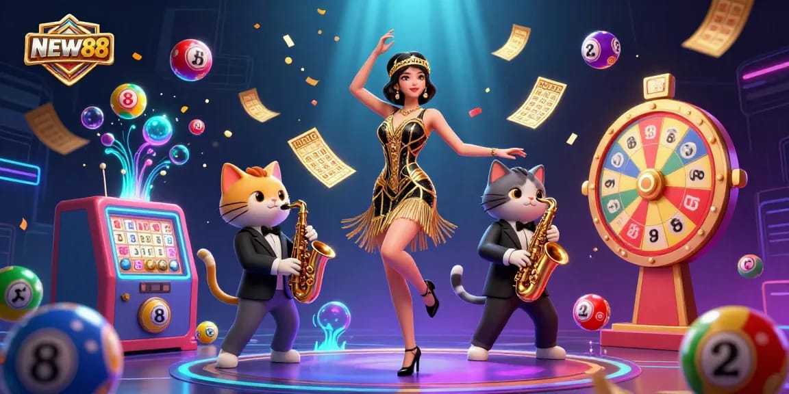 Engage in thrilling gaming experiences at NEW88, surrounded by vibrant confetti, lottery balls, and a lively atmosphere.