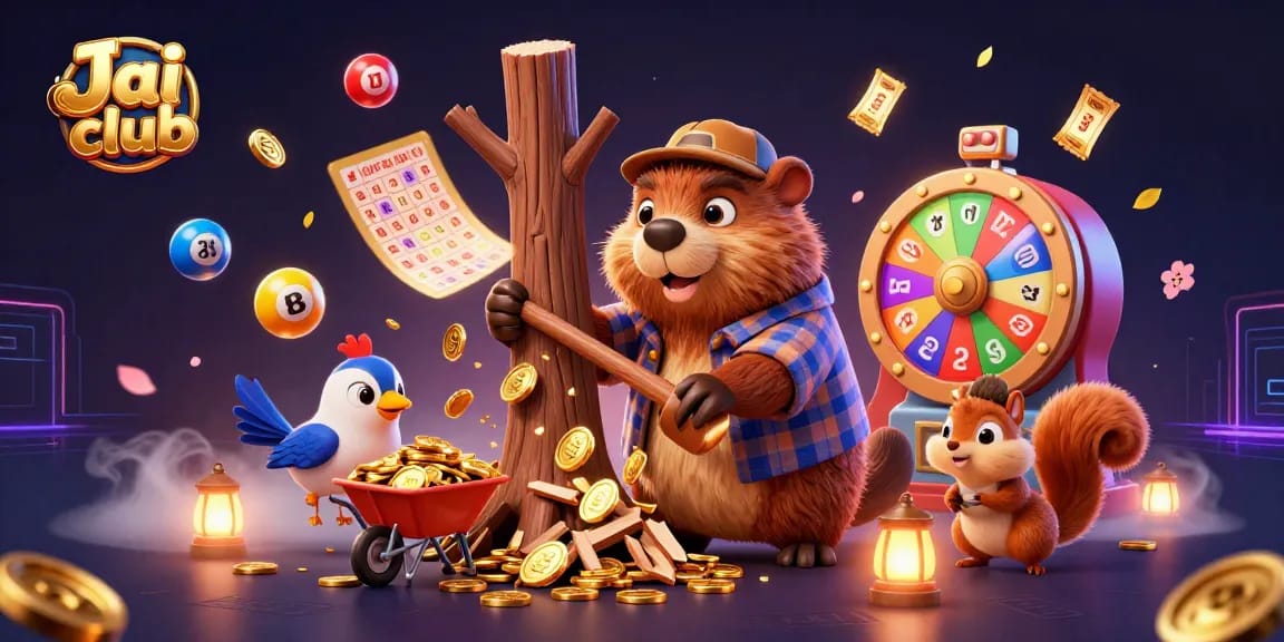 Engage in Jai club's vibrant gaming world with animated characters collecting coins and lottery elements.