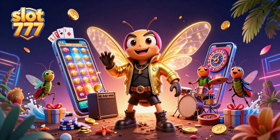 Raih jackpot dengan slot 777 sambil menikmati aksi luar biasa cicada rock star dan drummer beetle.