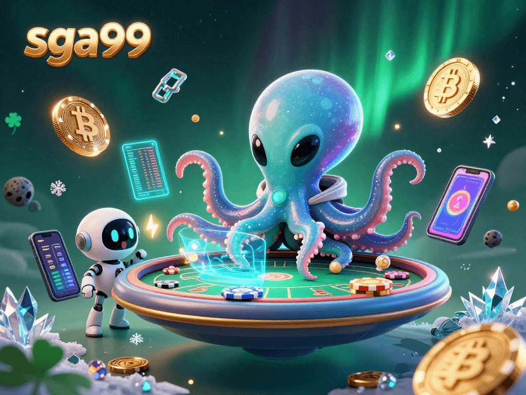 Sga99 players strategizing at a vibrant alien poker table with 3D coins and cards