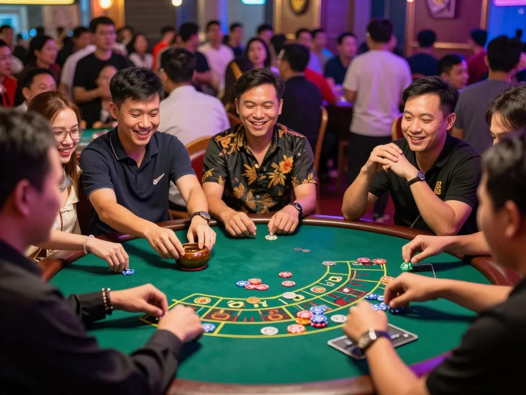 Xóc đĩa game in action with players placing bets and dealer shaking coins at a vibrant casino.