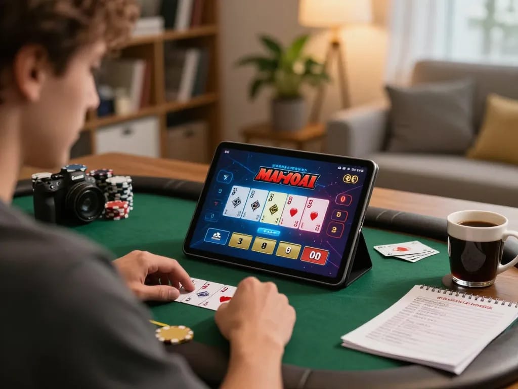 F8BET player engaging in strategic online poker game from home, showcasing immersive gaming experience.