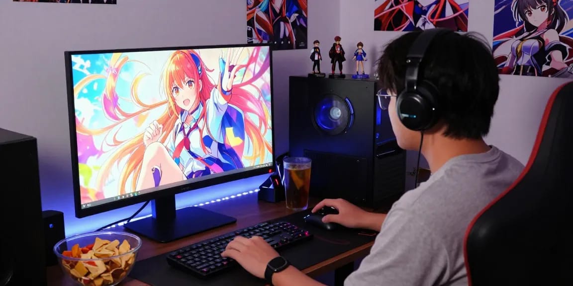 Gamer enjoying an ecchi game on a vibrant monitor with lively character graphics and a cozy gaming setup.