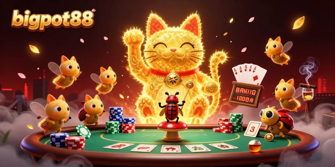 Engage with bigpot88's dynamic casino scene featuring a lucky cat and vibrant poker elements.