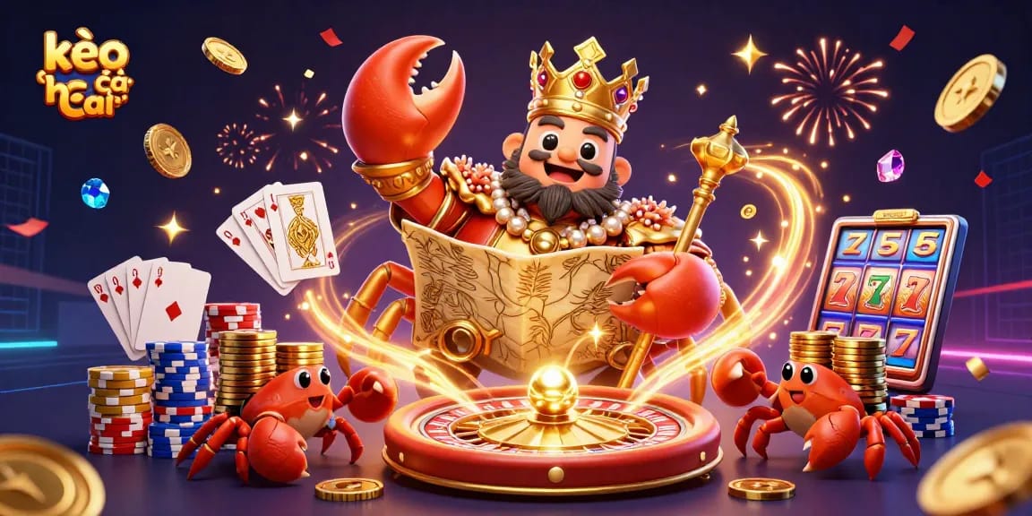 Join the excitement of kèo nhà cái as vibrant crab emperor celebrates with golden coins and poker elements.
