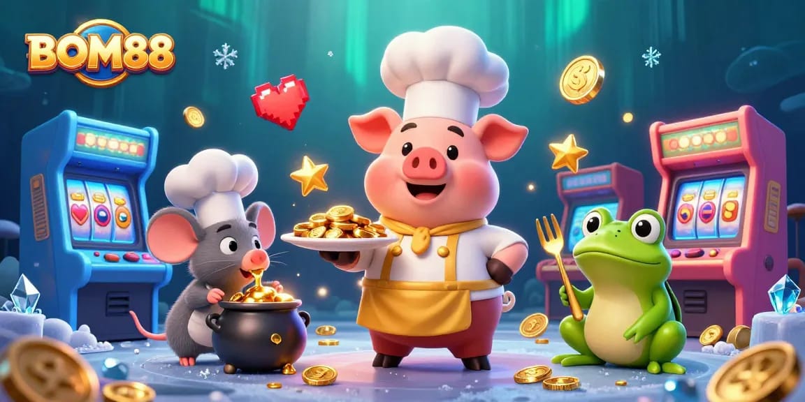 BOM88 showcases a vibrant 3D casino scene with a chef pig serving gold coins, symbolizing winning strategies.
