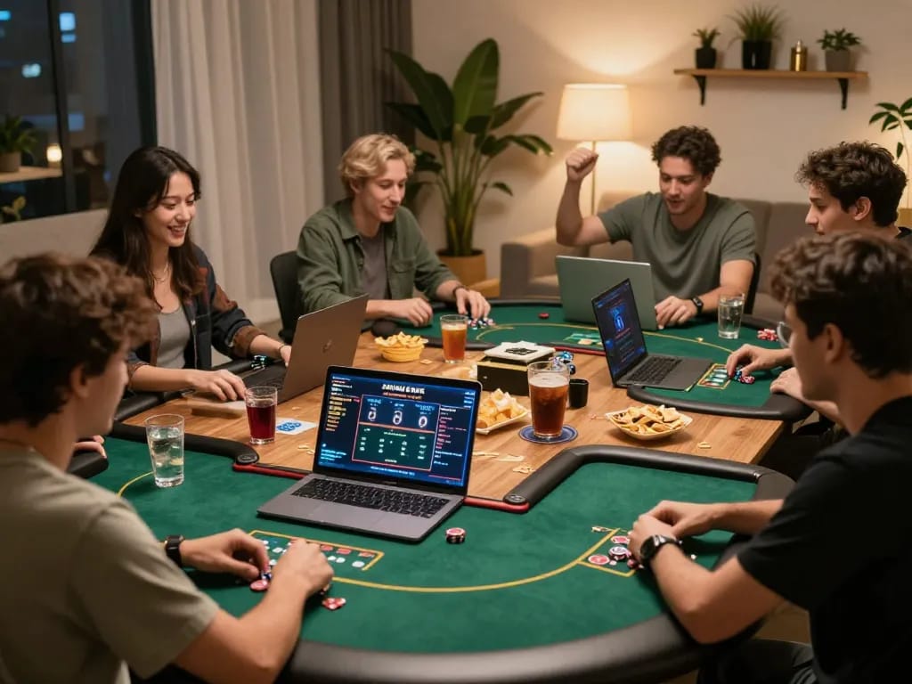 Players enjoying an exciting poker game online at home with VT88 platform visible